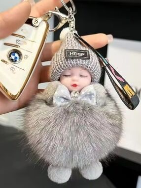 NWOT Grey Pom-Pom Doll Keychain / Bag Charm
